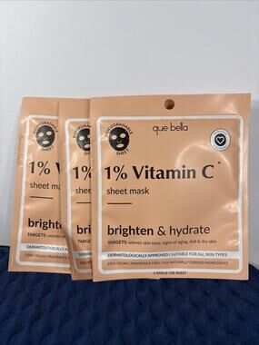 Que Bella Vitamin C Sheet Mask Brighten Hydrate Vegan Fragrance-Free Single Use